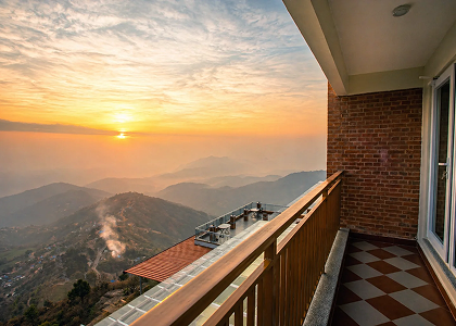 Panoramic Himalayan sunrise view from StillPoint balcony