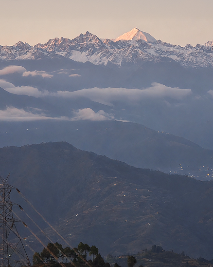 Panoramic Himalayan mountain view at dusk