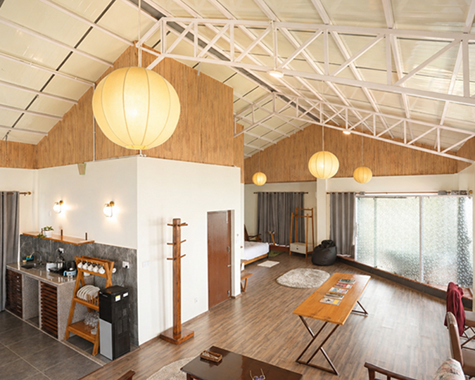 Loft living space with vaulted ceiling
